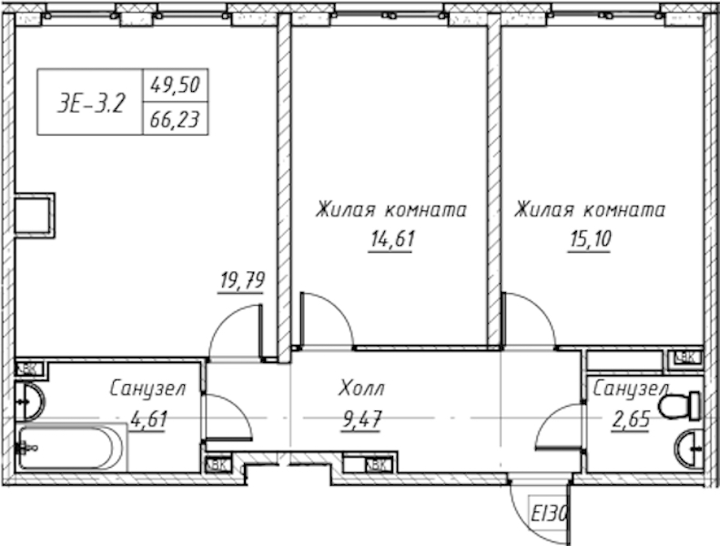 2-комнатная квартира 67.14 м², 13/14 эт., Комплекс апартаментов «Zoom на Неве»